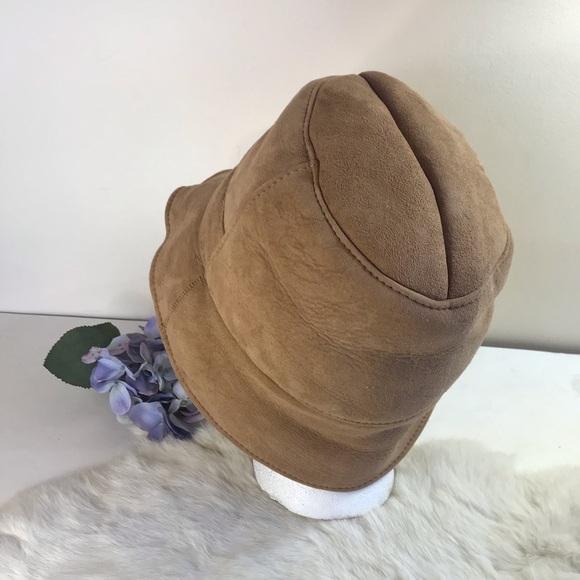 Vintage 70s Shearling Suede Bucket Hat Real Fur Beige Tan Unisex Men Women - Picture 9 of 13